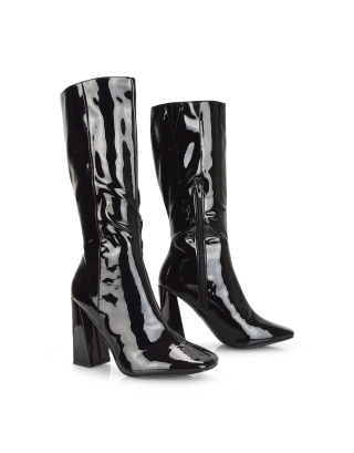 ladies boots online, black block heel boots, black heeled boots, black knee high boots