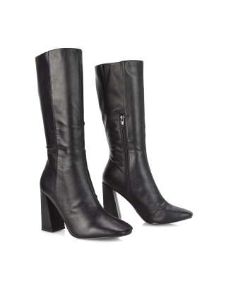 Millicent Square Toe below the Knee Long Block High Heel Boots in Black PU