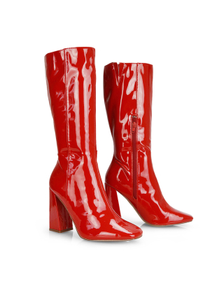 Millicent Square Toe below the Knee Long Block High Heel Boots in Red Patent