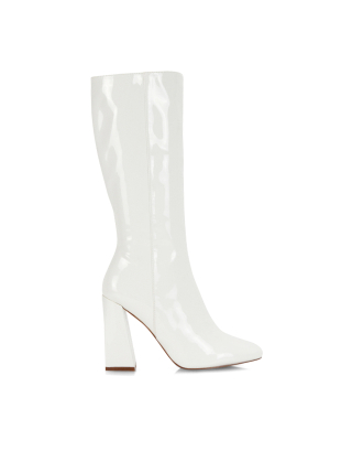 Millicent Square Toe below the Knee Long Block High Heel Boots in White PU