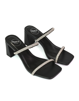 Holden Diamante Strap Square Toe Mid Block Heel Sandal Mules in Black