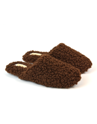 Jody Borg Cosy Slip On Closed Round Toe Mule Flat Slippers in Brown 