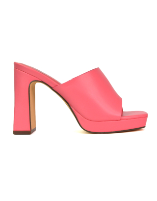 Presley Square Toe Strappy Platform Block High Heel Mule Sandals in Shell Pink