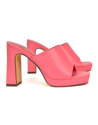 Presley Square Toe Strappy Platform Block High Heel Mule Sandals in Shell Pink