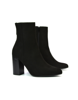 Lucian Pointed Toe Block High Heel Micro Zip Up Ankle Boots in Black Faux Suede
