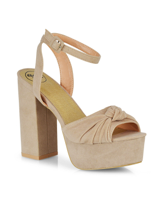 Lillian Peep Toe Strappy Chunky Sole High Platform Block Heels in Nude Faux Suede