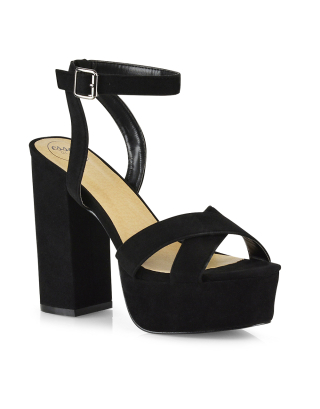 Ramona Peep Toe Ankle Strap Platform Block High Heels in Black Faux Suede