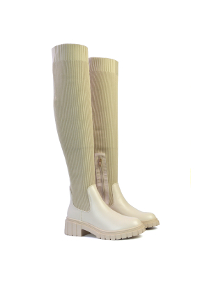 Blaise Knitted Sock Over the Knee High Boots with Chunky Block Heel in Beige 