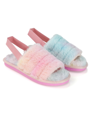Lana Faux Fur Sling Back Ribbed Strappy Soft Cosy Fluffy Slippers in Multi