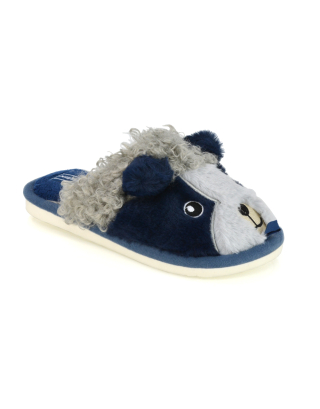 Dinah Faux Fur Fluffy Animal Design Cosy Close Toe Flat Mule Slippers in Navy