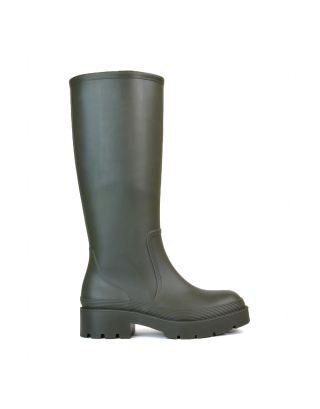Sonny Flat Chunky Knee High Wellington Boots in Green 