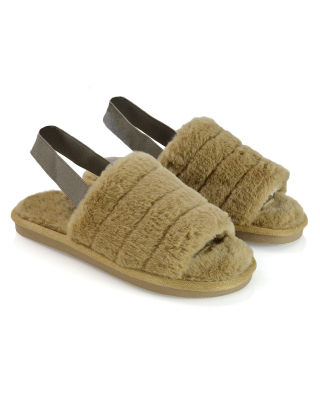 Lana Faux Fur Sling Back Ribbed Strappy Soft Cosy Fluffy Slippers in Nude