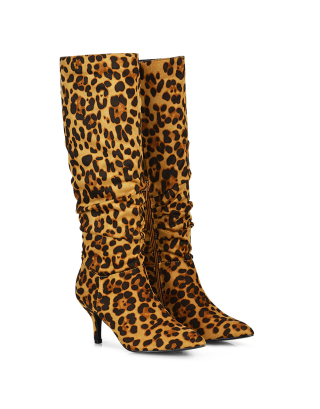 leopard print boots, knee high boots, heeled boots