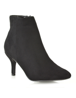 Anastasia Low mid Kitten High Heel Stiletto Zip-up Ankle Boots in Black Faux Suede