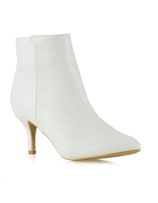 Anastasia Low mid Kitten High Heel Stiletto Zip-up Ankle Boots in White Synthetic Leather