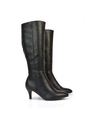 Narla Pointed Toe Mid Stiletto Heel Knee High Boots in Black Synthetic Leather