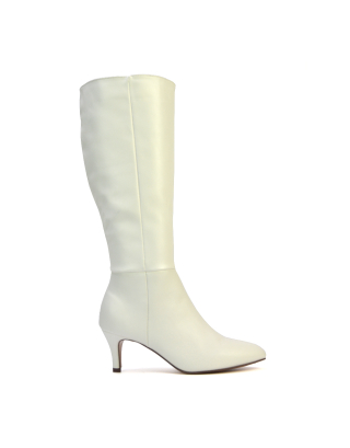 Narla Pointed Toe Mid Stiletto Heel Knee High Boots in White 