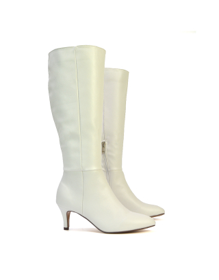 Narla Pointed Toe Mid Stiletto Heel Knee High Boots in White 