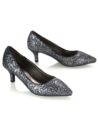 Gwyneth Pointed Toe Stiletto Low Kitten Court Heel Pumps in Black Glitter