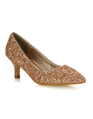 Gwyneth Pointed Toe Stiletto Low Kitten Court Heel Pumps in Rose Gold Glitter