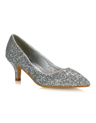 Gwyneth Pointed Toe Stiletto Low Kitten Court Heel Pumps in Silver Glitter