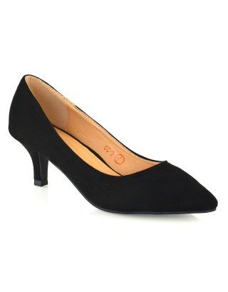 Cali Pointed Toe Slip on Low Stiletto Kitten High Heel Court Shoes in Black