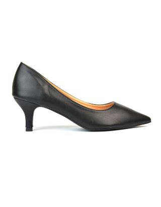 Cali Pointed Toe Court Shoes With a Low Kitten Heel In Black Synthetic Leather 
