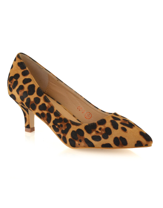 Cali Pointed Toe Slip on Low Stiletto Kitten High Heel Court Shoes in Leopard