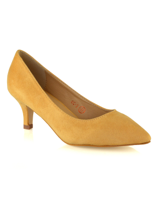 Cali Pointed Toe Slip on Low Stiletto Kitten High Heel Court Shoes in Mustard
