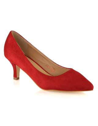 Cali Pointed Toe Slip on Low Stiletto Kitten High Heel Court Shoes in Red