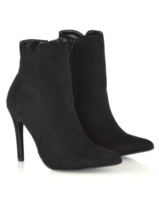 April Pointed Toe Zip-up High Stiletto Heel Ankle Boots in Black Faux Suede