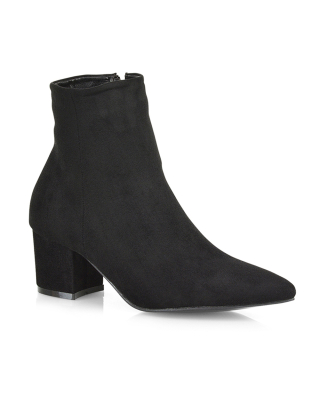 Ayda Pointed Toe inside Zip Detail Low Block Heel Ankle Boots in Black Faux Suede