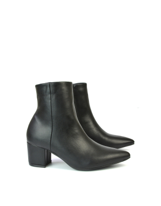 Ayda Pointed Toe inside Zip Detail Low Block Heel Ankle Boots in Black Synthetic Leather