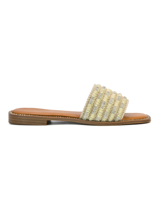 Alba Diamante Material Strap Square Toe Flat Sandals in Beige