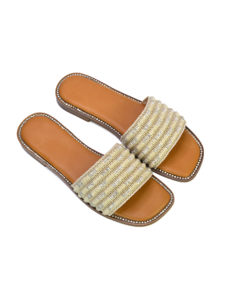 Alba Diamante Material Strap Square Toe Flat Sandals in Beige