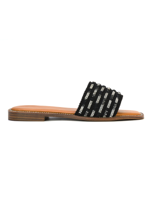 Alba Diamante Material Strap Square Toe Flat Sandals in Black