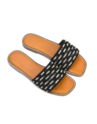 Alba Diamante Material Strap Square Toe Flat Sandals in Black