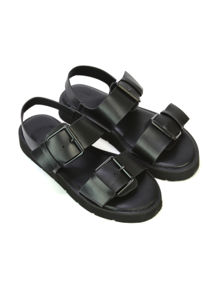 Melina Double Buckle Up Slingback Strappy Flatform Flat Sandals in Black
