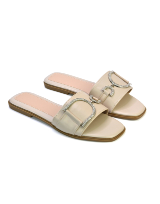Florence Square Toe Diamante Embellished Flat Sandals in Beige 