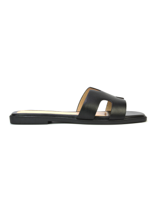 Leanna Cut Out Slip On Flat Sandals Sliders in Black Synthetic Leather