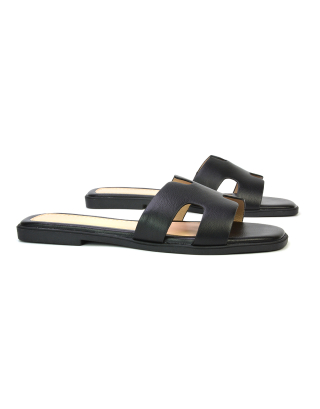 Leanna Cut Out Slip On Flat Sandals Sliders in Black Synthetic Leather