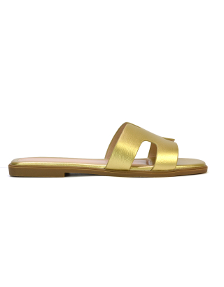 Leanna Cut Out Slip On Flat Sandals Sliders in Gold