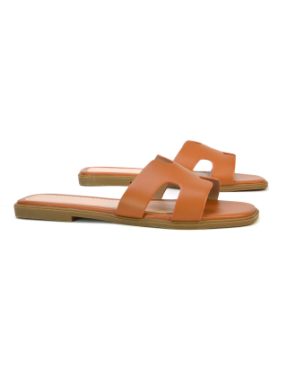 Leanna Cut Out Slip On Flat Sandals Sliders in Tan