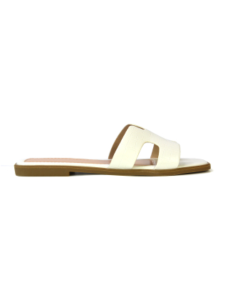 Leanna Cut Out Slip On Flat Sandals Sliders in White