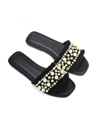 Nads Diamante Pearl Material Square Toe Summer Sandals With a Flat Heel in Black