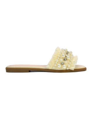 Nads Diamante Pearl Material Square Toe Summer Sandals With a Flat Heel in Nude