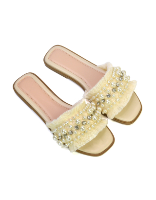Nads Diamante Pearl Material Square Toe Summer Sandals With a Flat Heel in Nude