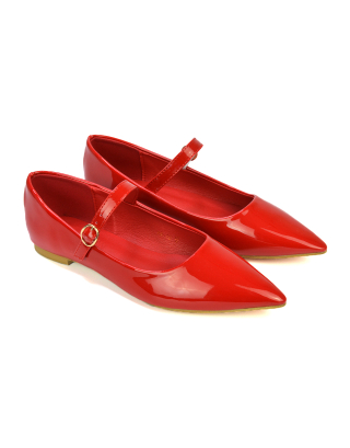 Aimee Pointed Toe Strappy Ballerina Pump Flat Shoes in Red Patent