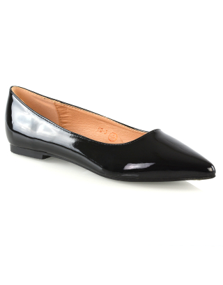 Cordelia Slip on Pointed Toe Flat Ballerina Pump Shoes In Black Patent
