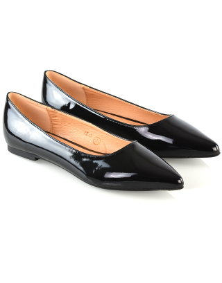 Cordelia Slip on Pointed Toe Flat Ballerina Pump Shoes In Black Patent